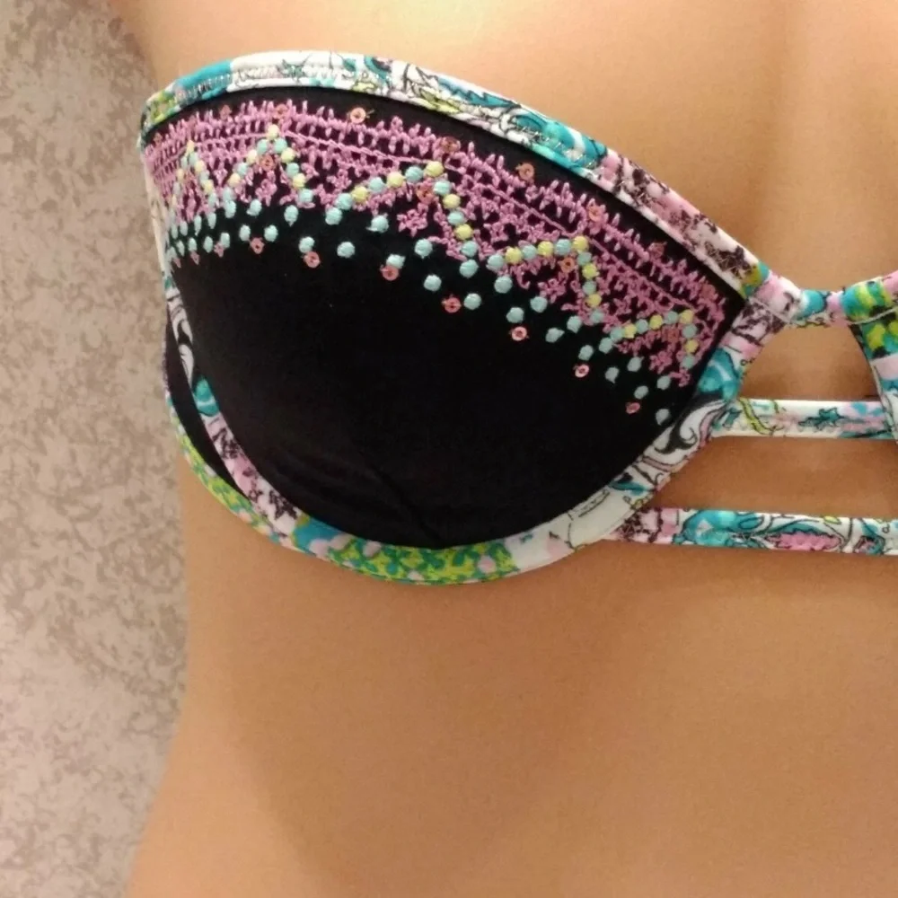 Victoria's Secret Bali Black and Multicolor Embroidered Bikini Top